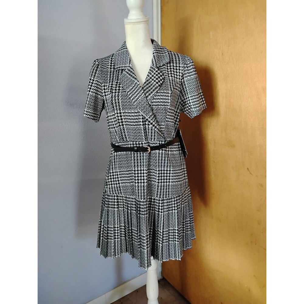 Elizabeth & Nicole Houndstooth Polo Collar Pleated Workwear Classic Dress Size L